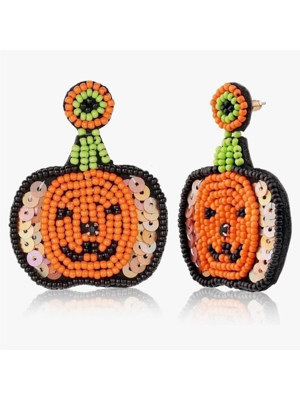 Halloween Jack O Lantern Pumpkin Sequin Beaded Statement Earrings
